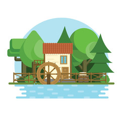 Water mill on the river landscape with forest on the background © Anastasiya