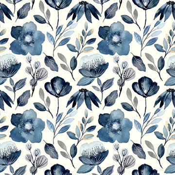 indigo watercolor floral seamless pattern