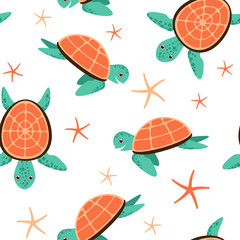 Seamless pattern with ocean turtless and starfish. Cute funny turtles colorful backgrounds. Vector stock illustration, EPS10