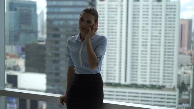 Young, pretty businesswoman talking on cellphone standing by window at office