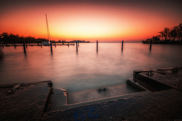 Sunrise in the port of balatonfüred.  beautiful reflection in the water, in the morning in Hungary on Lake Balaton