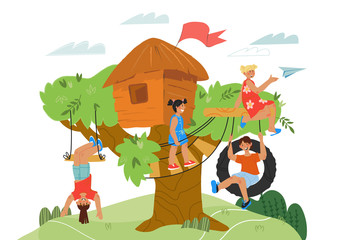 Tree house kids activity on nature game banner. Children cartoon characters playing on playground in kindergarten on at park. Summer leisure and vacation, recreation. Flat vector illustration.