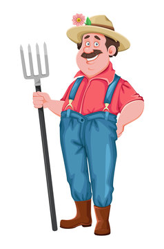 Cheerful farmer holding pitchfork