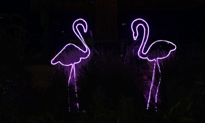 Electric neon sighn of the summer. Flamingo, clouds, lightning, water drops and the text: @coco plzzz..Night club signs.