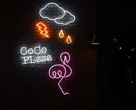 Electric neon sighn of the summer. Flamingo, clouds, lightning, water drops and the text: @coco plzzz..Night club signs.