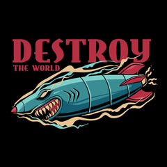 Shark bomb illustration. Destroy the world. Pop style design