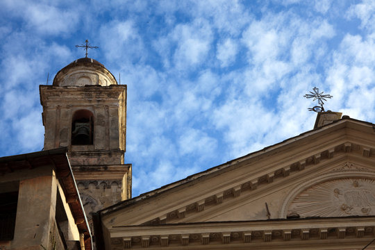 Triora (IM), Italy - February 15, 2017: A church detail in the witches village of Triora, Imperia, Liguria, Italy.