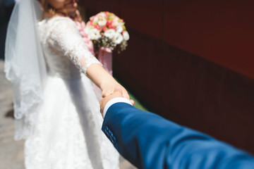 groom holding bride's hand