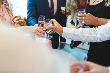 couple clanging glasses with guests