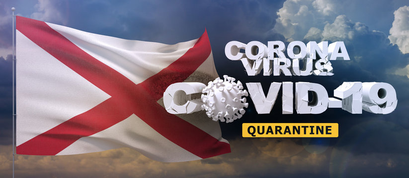 Coronavirus 2019-nCoV quarantine concept on waved state of Alabama flag. 3D illustration.
