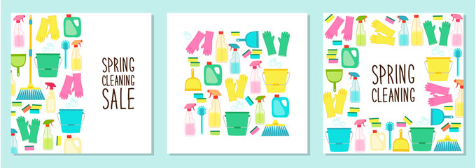 Obraz na płótnie Canvas Cute set of spring cleaning utensils background in vivid eye catching colors