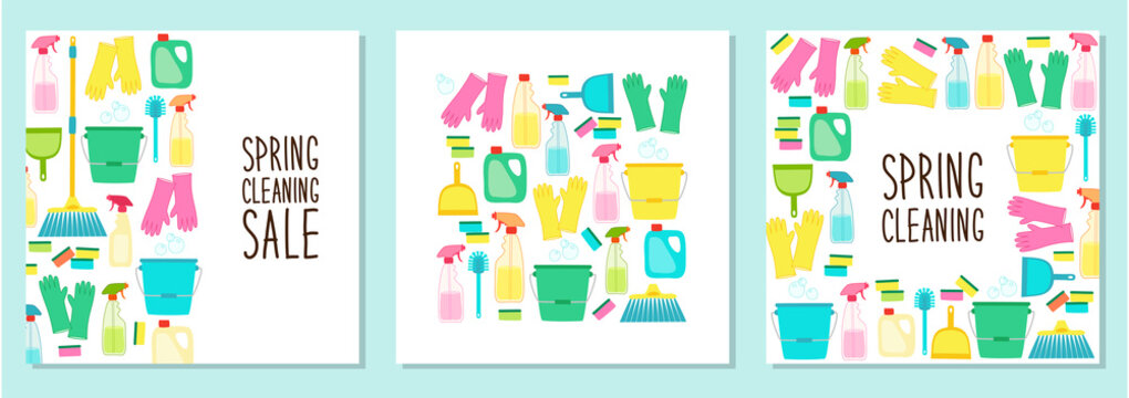 Cute set of spring cleaning utensils background in vivid eye catching colors