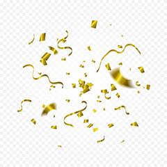 Explosion Golden Tiny Confetti And Streamer Ribbon Falling On Transparent Background. Vector