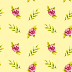 Floral seamless pattern. Hand drawn illustration is isolated on yellow. Painted watercolor spring flowers are perfect for greeting card, poster, wallpaper, fabric textile, wedding invitation