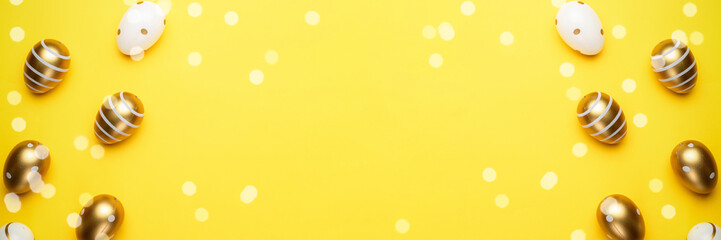 Easter eggs isolated on yellow background. For greeting card, promotion, poster, flyer, web-banner, article.