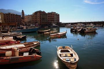 Fototapeta premium Camogli (GE), Italy - June 01, 2017: The fishing village of Camogli, Gulf of Paradise, Portofino National Park, Genova, Liguria, Italy