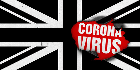 Black and white flag of UK with burned out hole showing Coronavirus name in it. 2019 - 2020 Novel Coronavirus (2019-nCoV) concept, for an outbreak occurs in the United Kingdom.
