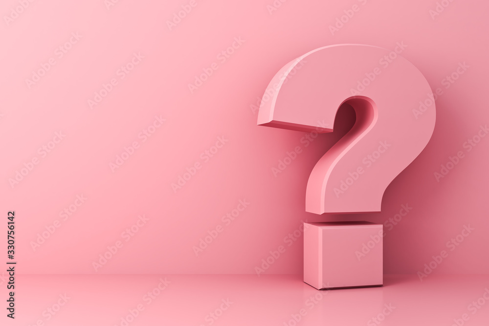Poster Pink pastel color question mark isolate on pink background with shadow and reflection 3D rendering