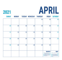 Calendar April 2021. English calender template. Vector square grid. Office business planning. Creative design. Blue color