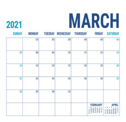 Calendar 2021. March. English calender template. Vector square grid. Office business planning. Creative design. Blue color