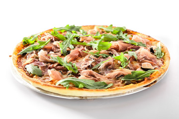 Pizza with Dried Tomatoes, Capers, Prosciutto, Arugula and Mozzarella