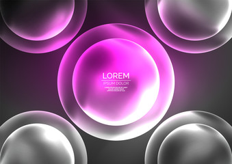 Glowing neon shiny transparent bubbles, glass circles or bio cell concept. Techno futuristic vector abstract background For Wallpaper, Banner, Background, Card, Book Illustration, landing page
