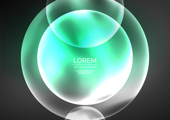 Glowing neon shiny transparent bubbles, glass circles or bio cell concept. Techno futuristic vector abstract background For Wallpaper, Banner, Background, Card, Book Illustration, landing page