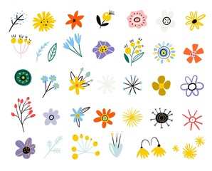 Colorful floral collection. Vector set of summer flowers in a flat style. Spring Easter decoration from leaves of branches and wildflowers. Scandinavian style. Modern design. botanical floral