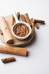 Ayurvedic Liquorice sandalwood Face Mask made using Mulethi or jeshthamadh and Chandan powder. selective focus