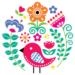 Scandinavian folk art vector pattern with flowers and bird in circle, floral greeting card or invitation inspired by traditional embroidery from Sweden, Norway and Denmark
