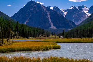 Forest lake on the background of snow-capped mountain peaks in the Altai Republic.