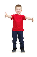 boy in red t-shirt showing thumbs up