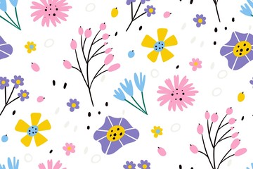 Vector floral pattern in doodle style with flowers and leaves. Seamless pattern for printing brochure, poster, party, summer print, textile design, card. Scandinavian style. Summer background.