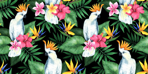 Tropical seamless pattern with parrots, flowers and leaves.