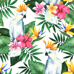 Tropisches nahtloses Muster mit Papageien, Blumen und Blättern.