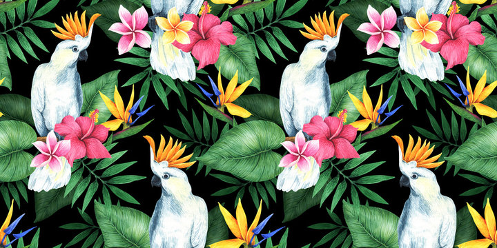 Tropical seamless pattern with parrots, flowers and leaves.