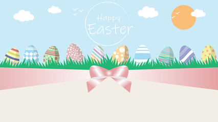 Happy Easter greeting card with easter eggs on field grass. free text space.