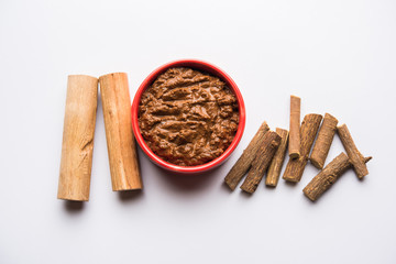 Ayurvedic Liquorice sandalwood Face Mask made using Mulethi or jeshthamadh and Chandan powder. selective focus