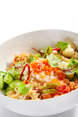 Poke with salmon, cut avocado and tofu top view