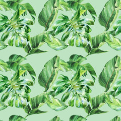 Fototapeta premium Watercolor seamless pattern, tropical leaves, watercolor painting, botanical illustration, floral design, banana palms, strelitzia, monstera. Fabric wallpaper print texture.