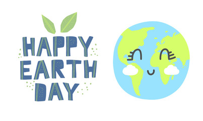Happy earth day banner. Cartoon cute earth with happy expression. Happy earth day hand drawn lettering in modern paper cut style. Earth day kids concept.