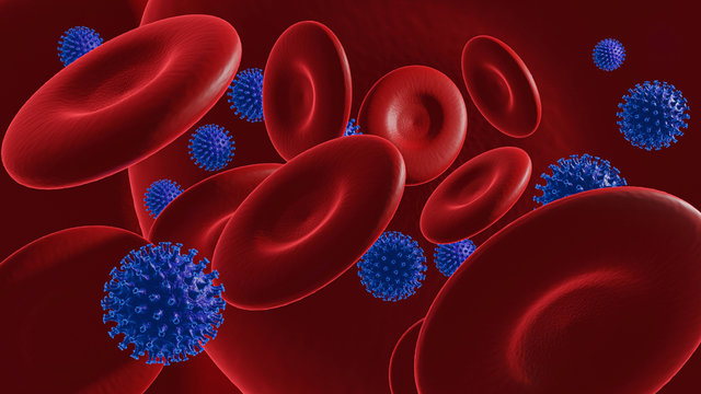 Coronavirus 2019-nCov and red blood cells 3d rendering.