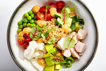 Couscous with chiken and avocado top view