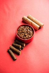 Ayurvedic Liquorice sandalwood Face Mask made using Mulethi or jeshthamadh and Chandan powder. selective focus