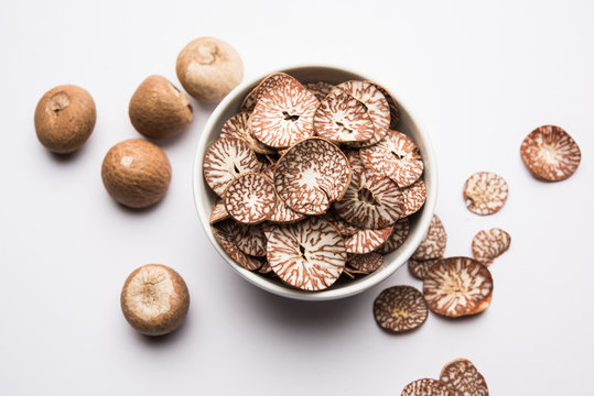 Betel nut chips in a bowl also known as slices of supari in india, used in Paan masala