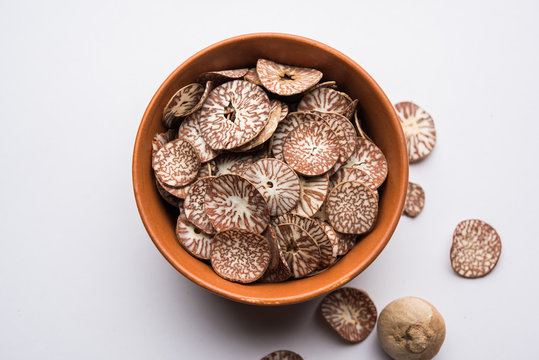 Betel nut chips in a bowl also known as slices of supari in india, used in Paan masala