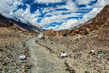 Foot path to sacred lake Lohat Tso in Himalayas. Nubra valley, Ladakh, India