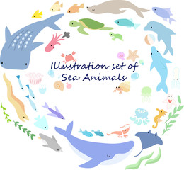 海の生き物のイラストセット(シンプル)