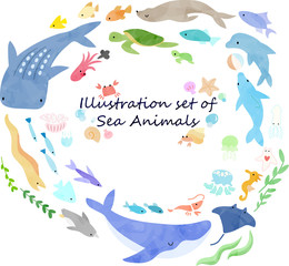 海の生き物のイラストセット(絵本風)