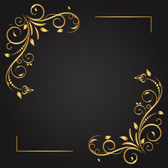 Vintage floral ornament border, Hand drawn decorative element, vector illustration of gold floral frame with black background, Retro design template for page decoration cards, wedding, banner